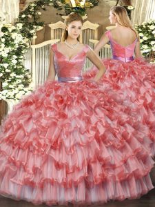 Watermelon Red Ball Gowns Ruffled Layers Ball Gown Prom Dress Zipper Organza Sleeveless Floor Length