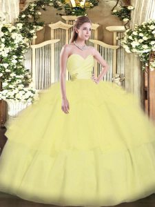 Floor Length Light Yellow Sweet 16 Dresses Organza Sleeveless Beading and Ruffled Layers