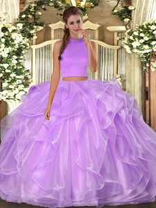 Lilac Halter Top Backless Beading and Ruffles Quinceanera Dresses Sleeveless