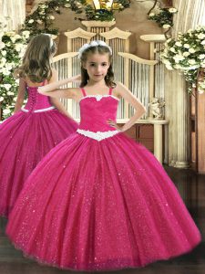 Hot Pink Tulle Zipper Pageant Gowns For Girls Sleeveless Floor Length Appliques