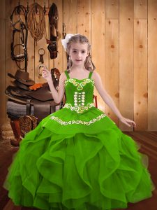 Floor Length Green Pageant Dress for Womens Organza Sleeveless Beading and Embroidery and Ruffles