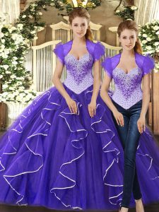 Floor Length Purple Ball Gown Prom Dress Tulle Sleeveless Beading and Ruffles