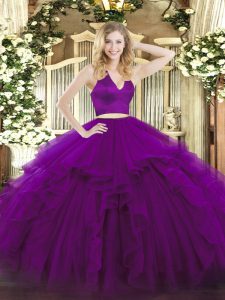 Edgy Halter Top Sleeveless Zipper Quinceanera Dresses Purple Organza