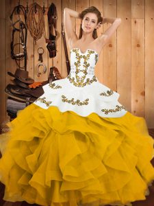 High End Yellow And White Sleeveless Satin and Organza Lace Up Quinceanera Gown for Military Ball and Sweet 16 and Quinceanera