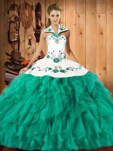 Simple Turquoise Ball Gowns Satin and Organza Halter Top Sleeveless Embroidery and Ruffles Floor Length Lace Up Quinceanera Gowns