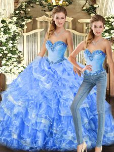 Great Sleeveless Floor Length Beading and Ruffles Lace Up 15th Birthday Dress with Baby Blue and Light Blue