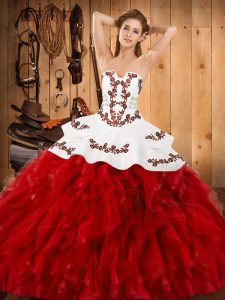 Ball Gowns Sweet 16 Dress Wine Red Strapless Satin and Organza Sleeveless Floor Length Lace Up