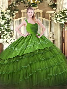 Olive Green Sweet 16 Dresses Military Ball and Sweet 16 and Quinceanera with Embroidery and Ruffled Layers Straps Sleeveless Zipper