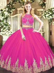 Great Sleeveless Floor Length Beading and Appliques Zipper 15th Birthday Dress with Hot Pink