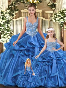 Exquisite Floor Length Ball Gowns Sleeveless Blue Quinceanera Dress Lace Up