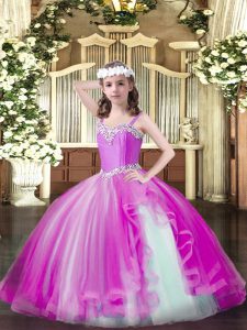 Modern Fuchsia Ball Gowns Straps Sleeveless Tulle Floor Length Lace Up Beading Custom Made Pageant Dress