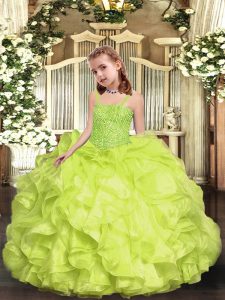 Adorable Yellow Green Lace Up Little Girl Pageant Gowns Beading and Ruffles Sleeveless Floor Length