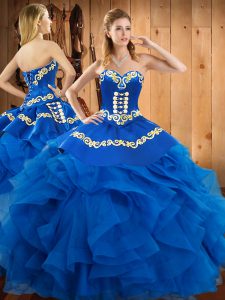 Best Selling Floor Length Lace Up Sweet 16 Quinceanera Dress Blue for Military Ball and Sweet 16 and Quinceanera with Embroidery and Ruffles