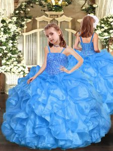 Discount Baby Blue Sleeveless Organza Zipper Kids Pageant Dress for Party and Sweet 16 and Quinceanera and Wedding Party