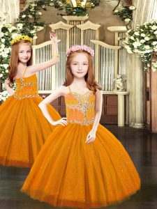 Sleeveless Tulle Floor Length Lace Up Kids Pageant Dress in Rust Red with Beading