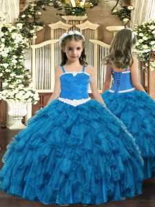 Sleeveless Organza Floor Length Lace Up Glitz Pageant Dress in Blue with Appliques and Ruffles
