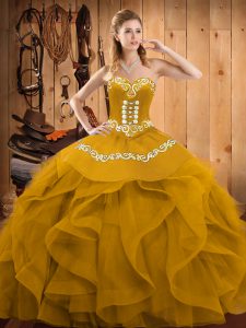 Gold Lace Up Ball Gown Prom Dress Embroidery and Ruffles Sleeveless Floor Length