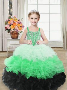 Sleeveless Floor Length Beading and Ruffles Lace Up Little Girls Pageant Gowns with Multi-color