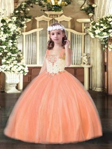 Sleeveless Floor Length Beading Lace Up Pageant Dress with Orange Red