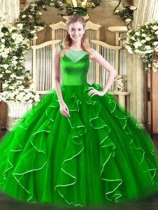 Perfect Green Ball Gowns Organza Scoop Sleeveless Beading and Ruffles Floor Length Side Zipper Military Ball Gown
