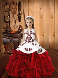 Luxurious Wine Red Kids Pageant Dress Sweet 16 and Quinceanera with Embroidery and Ruffles Straps Sleeveless Lace Up