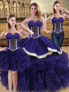 Purple Three Pieces Beading and Ruffles Vestidos de Quinceanera Lace Up Organza Sleeveless Floor Length