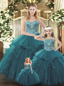 Trendy Teal Sweetheart Neckline Beading and Ruffles Quinceanera Dresses Sleeveless Lace Up