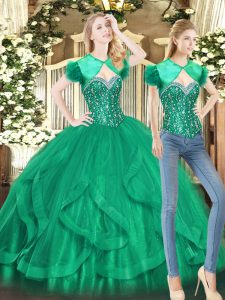 Exquisite Floor Length Green 15 Quinceanera Dress Tulle Sleeveless Beading and Ruffles