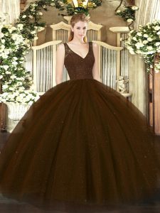 Sleeveless Floor Length Beading and Lace Backless Sweet 16 Dresses with Brown