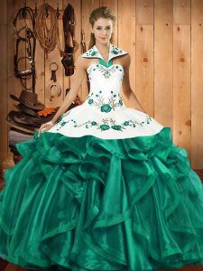 Turquoise Satin and Organza Lace Up 15 Quinceanera Dress Sleeveless Floor Length Embroidery and Ruffles