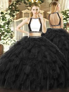 Luxurious Floor Length Backless Military Ball Gown Black for Military Ball and Sweet 16 and Quinceanera with Ruffles