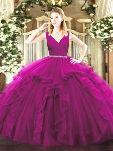 Fuchsia Military Ball Gowns Military Ball and Sweet 16 and Quinceanera with Beading and Ruffles V-neck Sleeveless Zipper