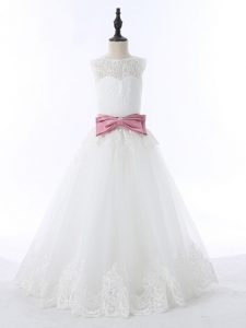 White Sleeveless Lace and Bowknot Floor Length Pageant Dress Wholesale