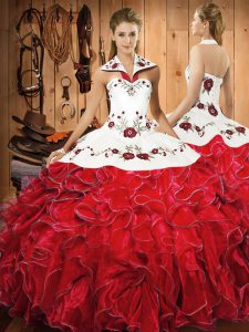 Custom Designed Wine Red Quinceanera Gown Military Ball and Sweet 16 and Quinceanera with Embroidery and Ruffles Halter Top Sleeveless Lace Up
