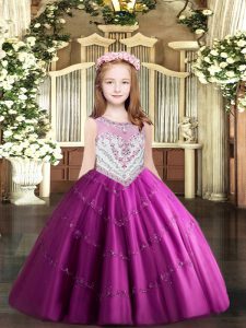Tulle Sleeveless Floor Length Little Girl Pageant Gowns and Beading and Appliques