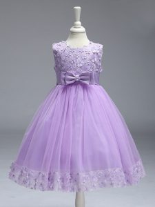 Sleeveless Tulle Knee Length Zipper Little Girls Pageant Gowns in Lavender with Lace and Bowknot