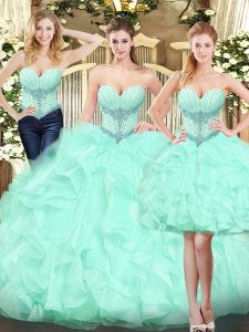 Apple Green Organza Lace Up Sweetheart Sleeveless Floor Length Quince Ball Gowns Ruffles
