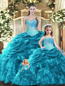 Teal Lace Up Sweetheart Beading and Ruffles and Ruching and Pick Ups Ball Gown Prom Dress Tulle Sleeveless