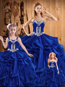 Hot Selling Organza Sweetheart Sleeveless Lace Up Embroidery and Ruffles Quinceanera Gowns in Royal Blue