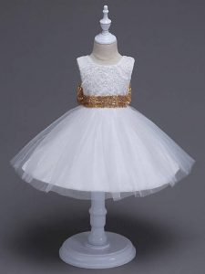 Tulle Sleeveless Knee Length Pageant Dress Womens and Lace and Bowknot