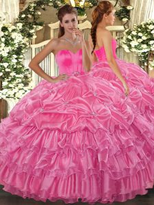 Flirting Rose Pink Ball Gowns Beading and Ruffled Layers Vestidos de Quinceanera Lace Up Organza Sleeveless Floor Length