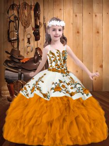 Gold Ball Gowns Straps Sleeveless Organza Floor Length Zipper Embroidery and Ruffles Little Girl Pageant Gowns