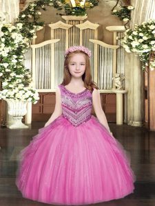 Rose Pink Scoop Lace Up Beading and Ruffles High School Pageant Dress Sleeveless