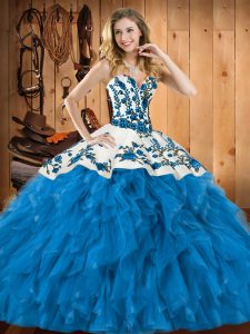 Modest Sweetheart Sleeveless Quince Ball Gowns Floor Length Embroidery and Ruffles Teal Tulle