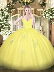 Beauteous Yellow Sleeveless Appliques Floor Length Vestidos de Quinceanera
