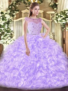 Tulle Bateau Sleeveless Zipper Beading and Ruffles Quinceanera Gown in Lavender
