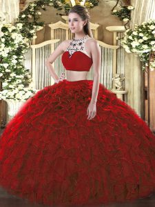 Edgy Wine Red Quinceanera Dresses Military Ball and Sweet 16 and Quinceanera with Beading and Ruffles High-neck Sleeveless Backless