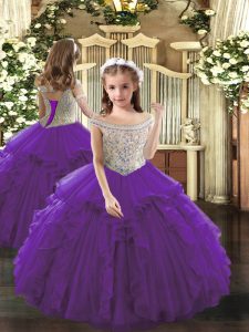 Floor Length Lace Up Pageant Dress for Teens Purple for Sweet 16 and Quinceanera with Beading and Ruffles