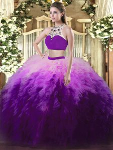 High-neck Sleeveless Backless Quinceanera Gowns Multi-color Tulle