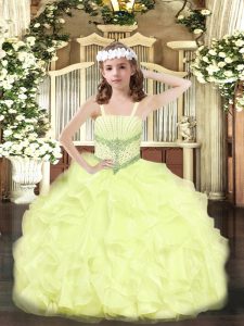 Straps Sleeveless Lace Up Pageant Dress for Girls Yellow Organza
